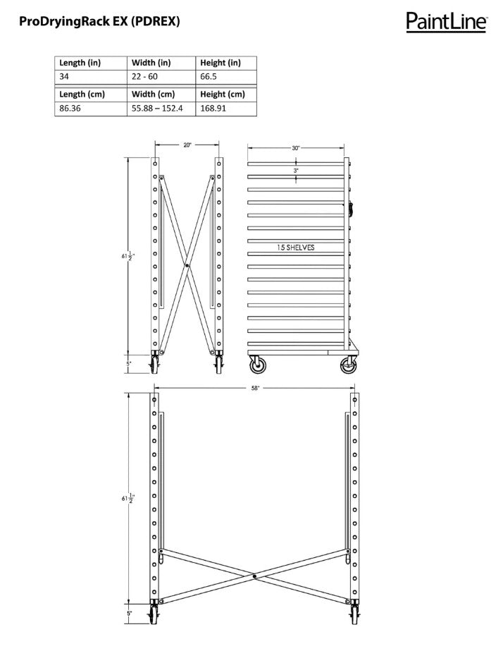 Technical drawing of ProDryingRack EX with dimensions and features.