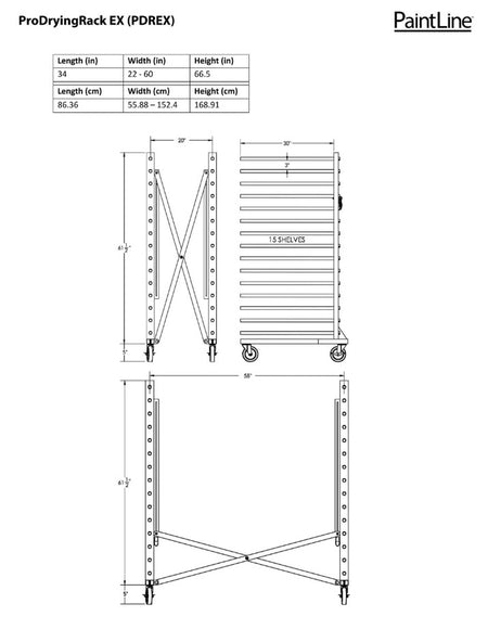 Technical drawing of ProDryingRack EX with dimensions and features.