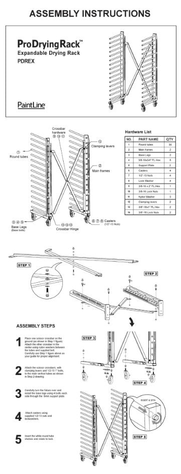 Assembly instructions for the PaintLine PDREX Pro Drying Rack expandable drying rack.