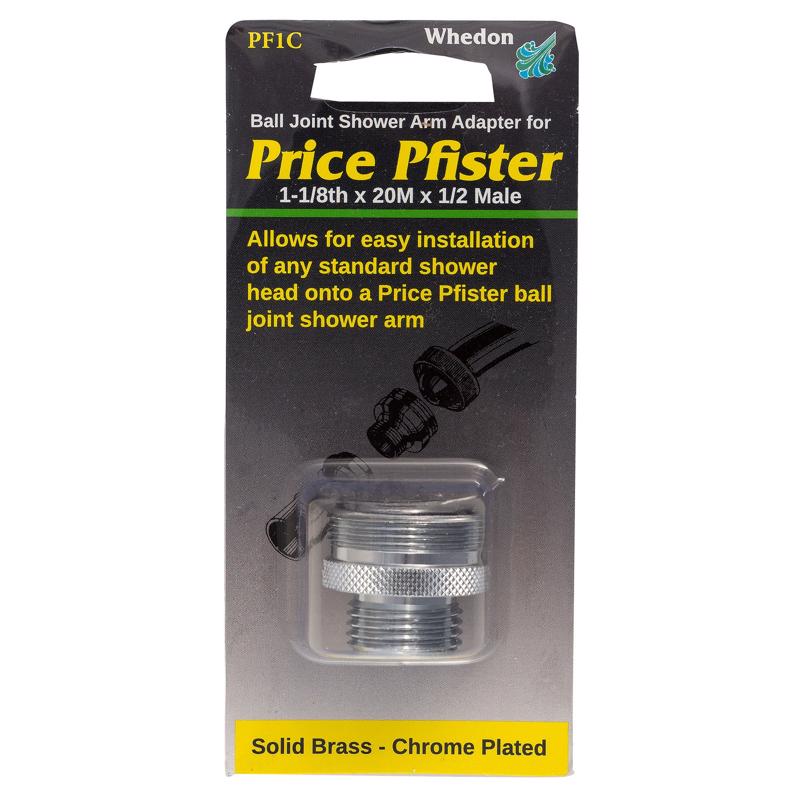 Ball joint shower arm adapter packaging for Price Pfister on a white background