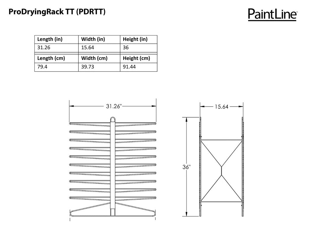 Technical drawing of the PaintLine PDRTT ProDryingRack TT with dimensions on a white background