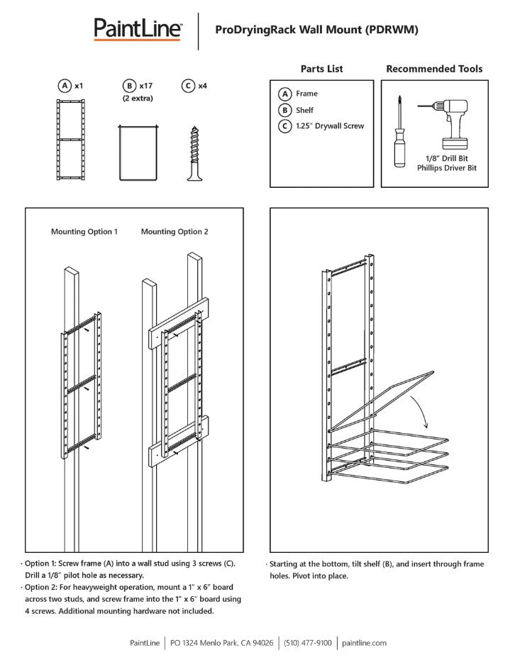 Instructional diagram for a PaintLine ProDryingRack Wall Mount with parts list and tools required.