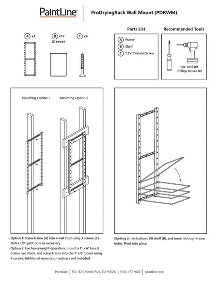 Instructional diagram for a PaintLine ProDryingRack Wall Mount with parts list and tools required.