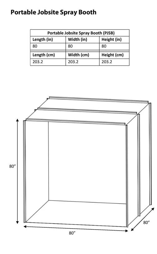 Dimensions of a the PaintLine PJSB portable jobsite spray booth with measurements in inches and centimeters.