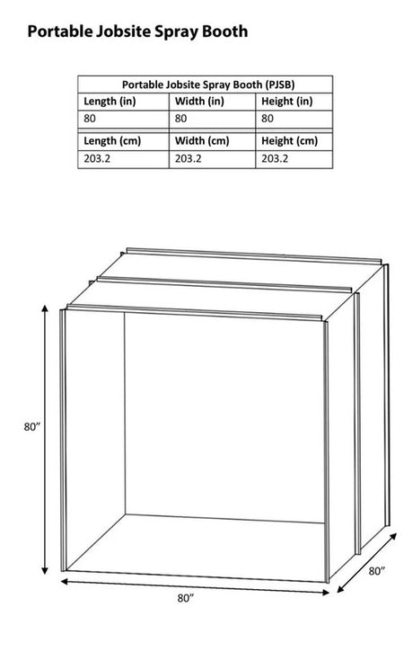 Dimensions of a the PaintLine PJSB portable jobsite spray booth with measurements in inches and centimeters.
