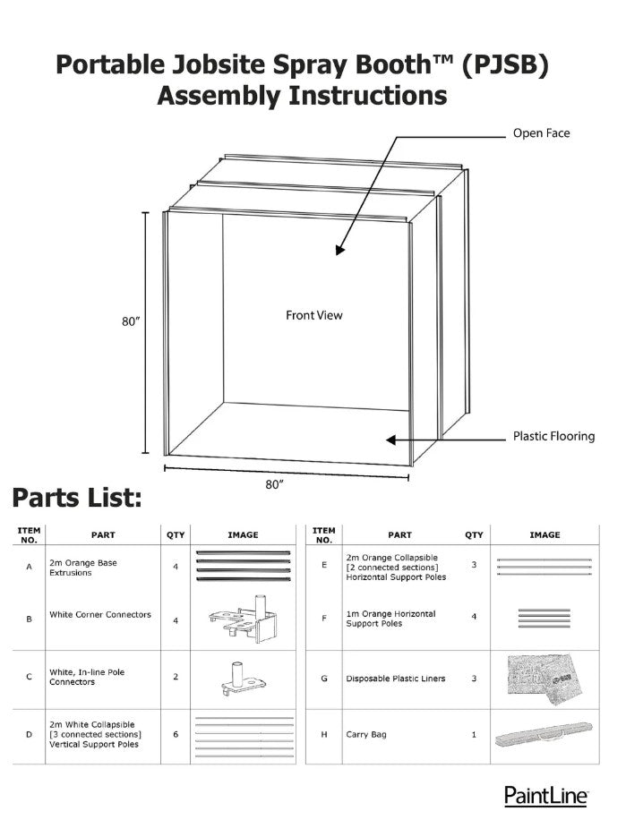 Assembly instructions for the PaintLine PJSB Portable Jobsite Spray Booth with diagrams and parts list.