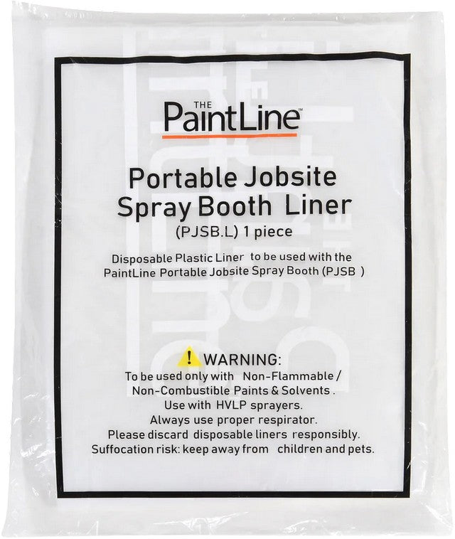 Packaging of The PaintLine Portable Jobsite Spray Booth Liner with warning label.
