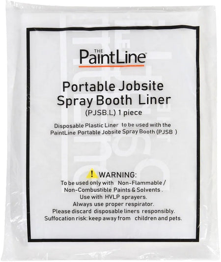 Packaging of The PaintLine Portable Jobsite Spray Booth Liner with warning label.