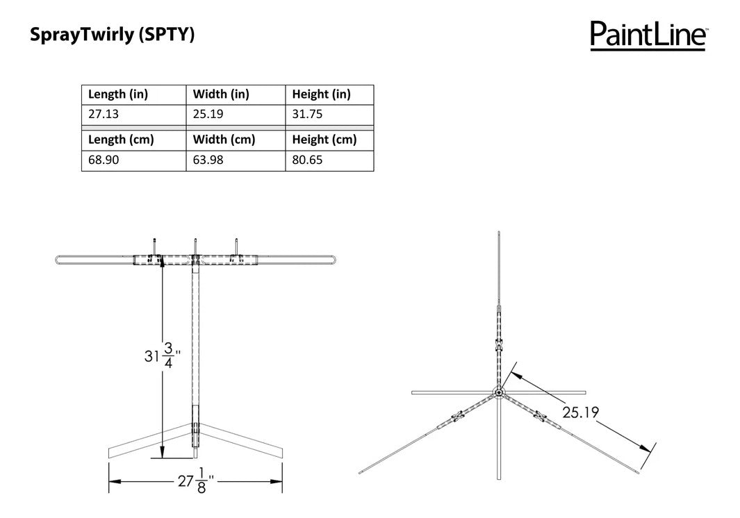 Technical drawing of the Paintline SPTY Spray Twirly Rotating Spray Table with dimensions labeled