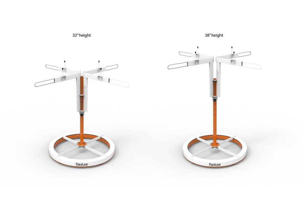 PaintLine SPTYHD SprayTwirlyHD Rotating Spray Table height-adjustable stands with measurement labels on a white background