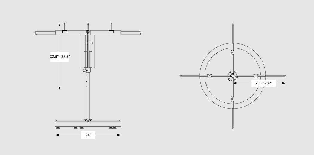 Technical drawing of dimensions of the PaintLine SPTYHD SprayTwirlyHD Rotating Spray Table on a gray background