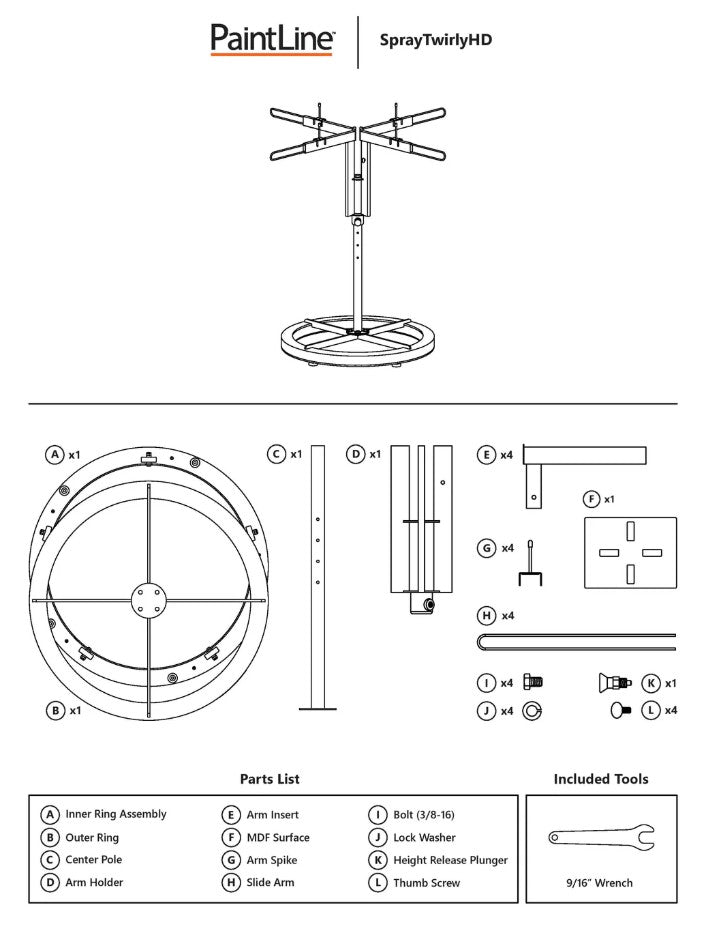 Technical diagram of a PaintLine SPTYHD SprayTwirlyHD Rotating Spray Table with parts list and included tools on a white background.