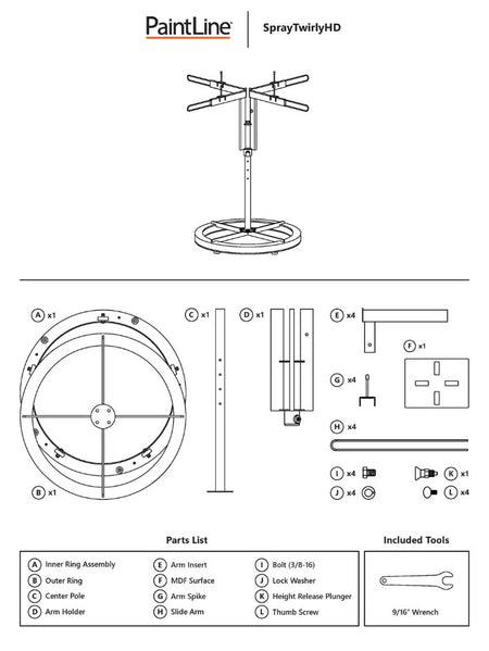 Technical diagram of a PaintLine SPTYHD SprayTwirlyHD Rotating Spray Table with parts list and included tools on a white background.