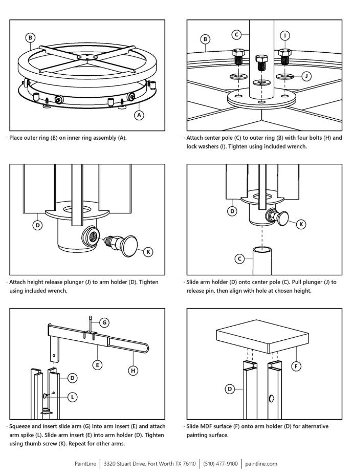 Step-by-step assembly instructions for the PaintLine SPTYHD SprayTwirlyHD Rotating Spray Table