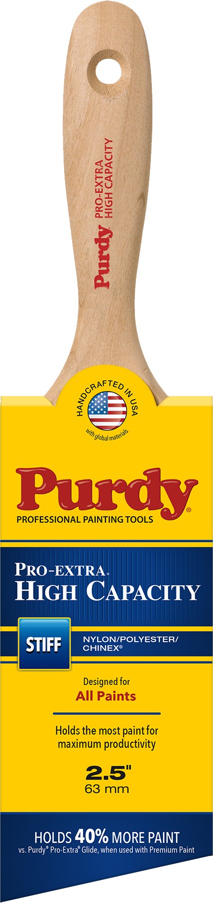 Purdy Pro-Extra High Capacity paint brush with wooden handle and red branding on a yellow and blue background