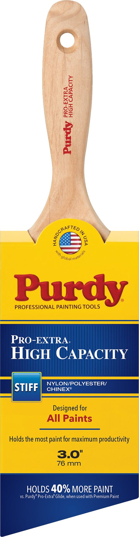 Purdy Pro-Extra High Capacity 3-Inch paint brush with wooden handle and yellow ferrule on a white background