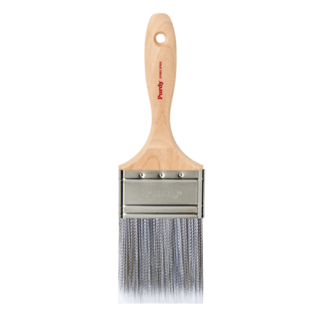 A single paint brush with a light natural wood handle, a silver metal ferrule, and silver bristles, shown against a plain white background. The handle features the red 'Purdy' brand name.