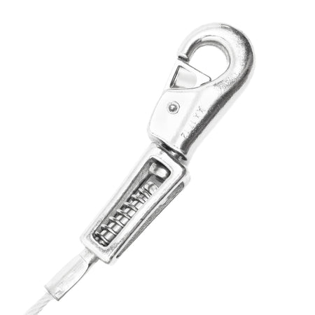 PDQ 30 Ft Extra Heavy Duty Vinyl Coated Dog Tie Out clip with a hook on a white background