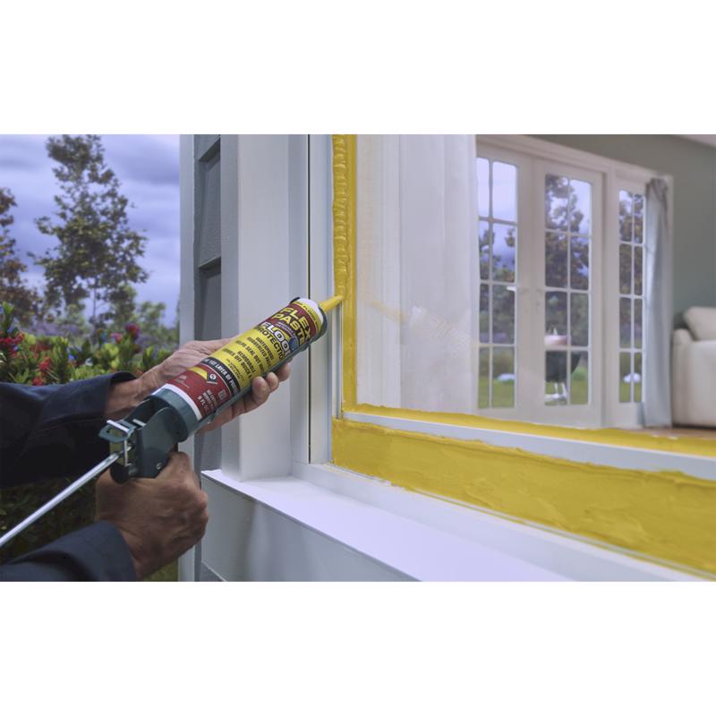 Flex Seal Flood Protection Waterproof Rubberized Paste 9 Oz Cartridge RPSYELR10 being applied around the exterior of a window.