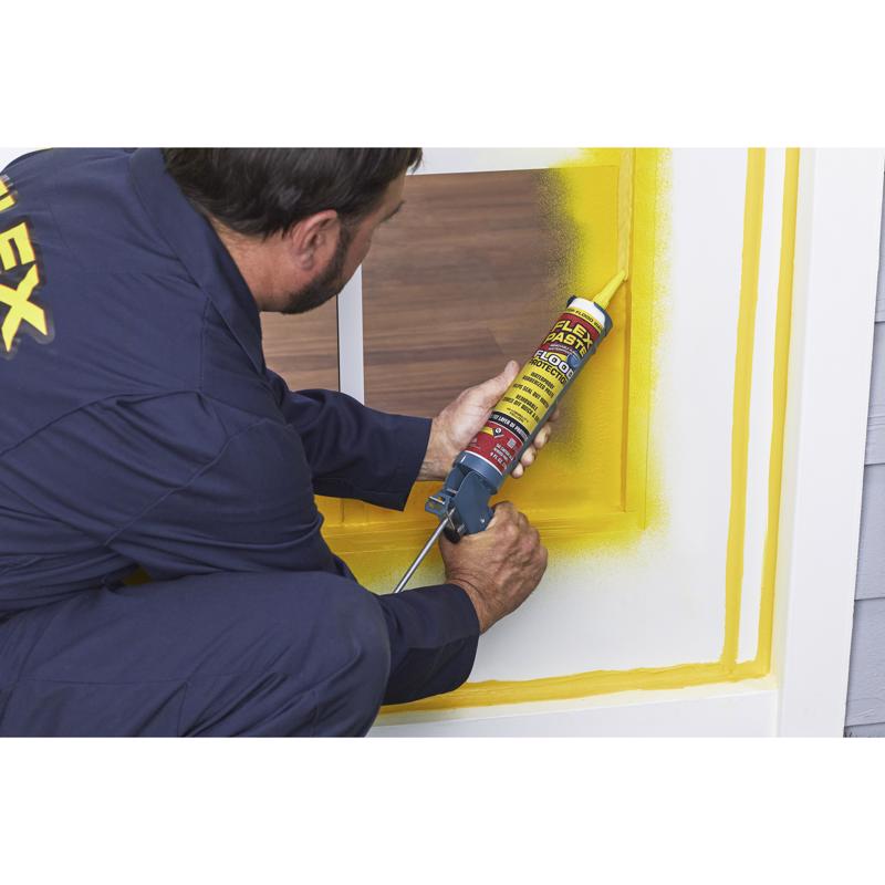 Flex Seal Flood Protection Waterproof Rubberized Paste 9 Oz Cartridge being applied to the exterior of a window on a door.