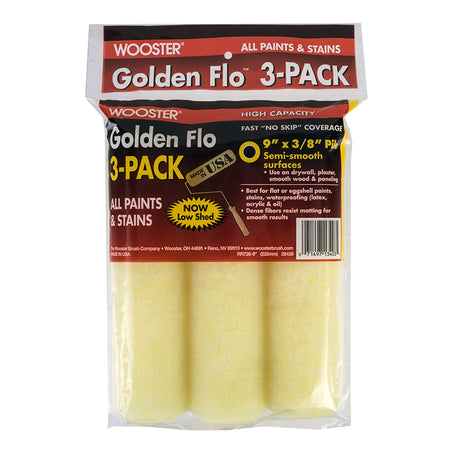 Wooster Golden Flo 3-PACK no shed paint roller covers in manufacturer packaging.