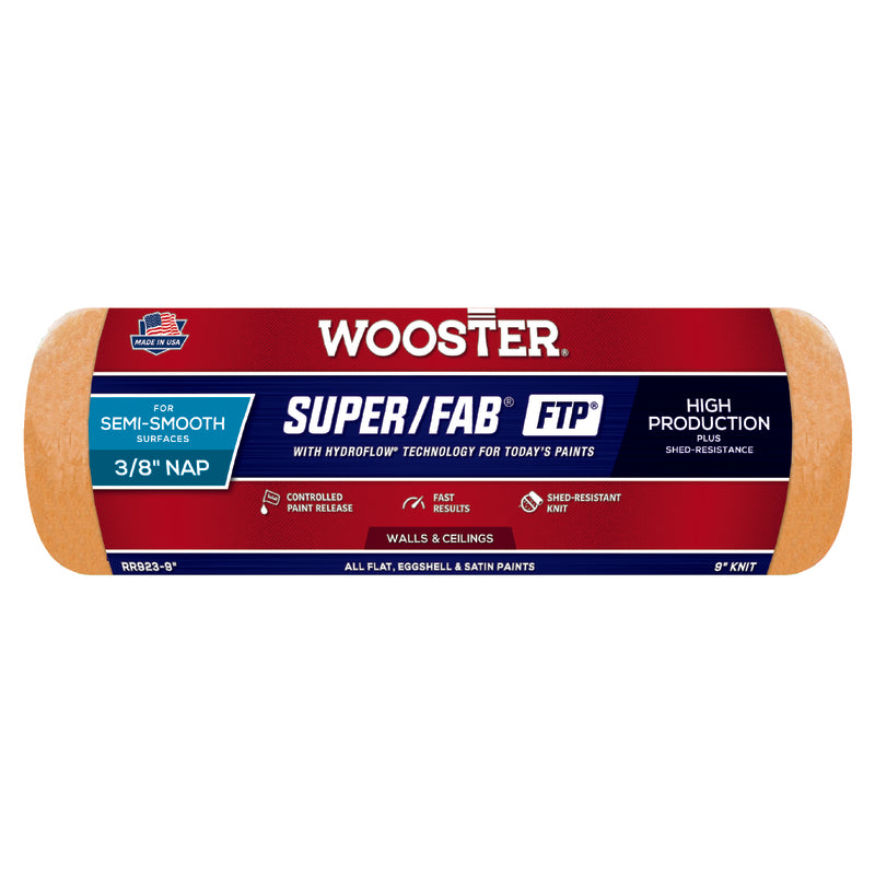 Image of the Wooster Super/Fab FTP Roller Cover with its larger-colored fabric for high production and shed resistance.