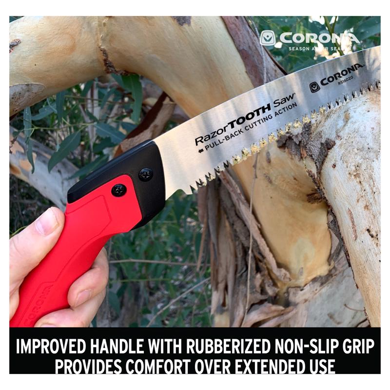 Corona RazorTOOTH RS16020 5 in. Carbon Steel Curved Pruning Saw being used to cut thru a branch.