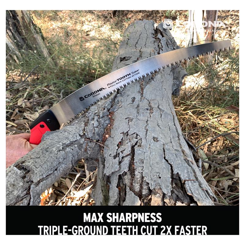 Corona RazorTOOTH RS16020 5 in. Carbon Steel Curved Pruning Saw on top of a log.