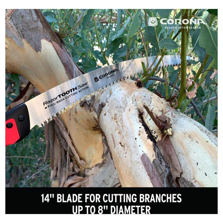 Corona RazorTOOTH RS16020 5 in. Carbon Steel Curved Pruning Saw cutting thru a branch.