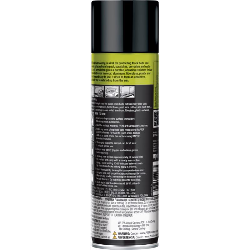 Back view of a spray can with text and labels on a white background