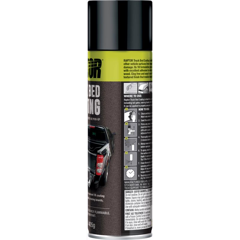 Raptor Truck Bed spray can with black and yellow label on a white background