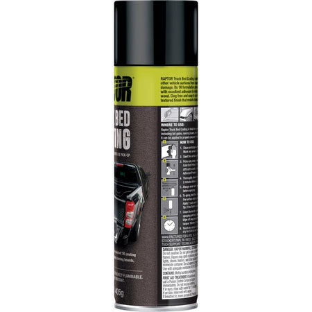 Raptor Truck Bed spray can with black and yellow label on a white background