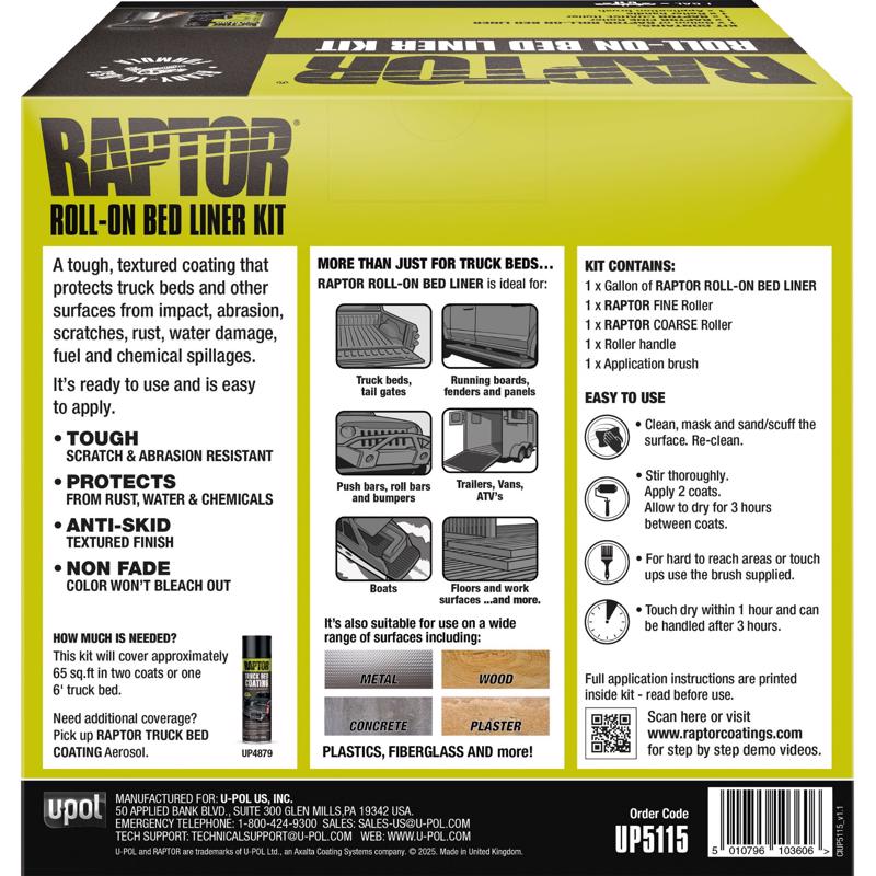 Raptor Roll-On Bed Liner Kit packaging with directions text and graphics on a yellow and black background