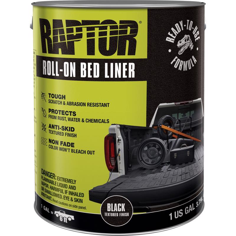 Raptor roll-on bed liner can with yellow and black label