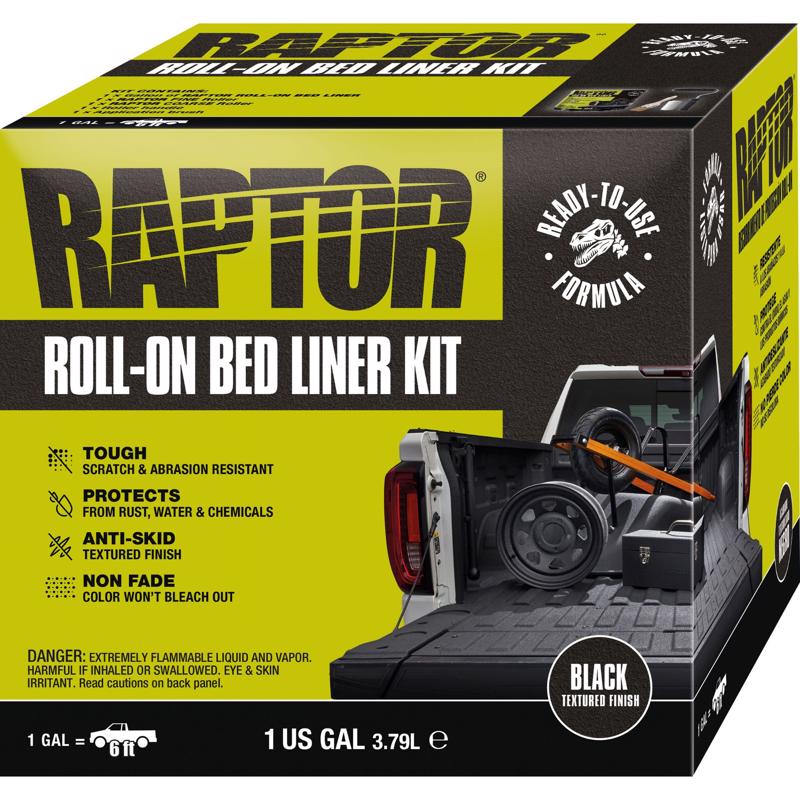Raptor roll-on bed liner kit packaging with yellow and black design.