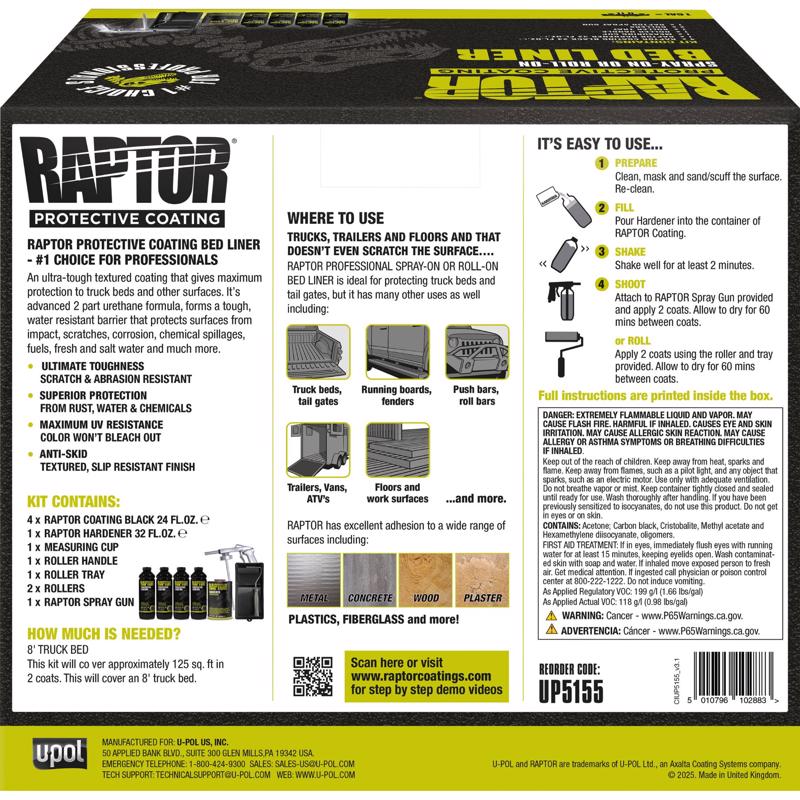 Raptor protective coating packaging with directions text and images on a black background