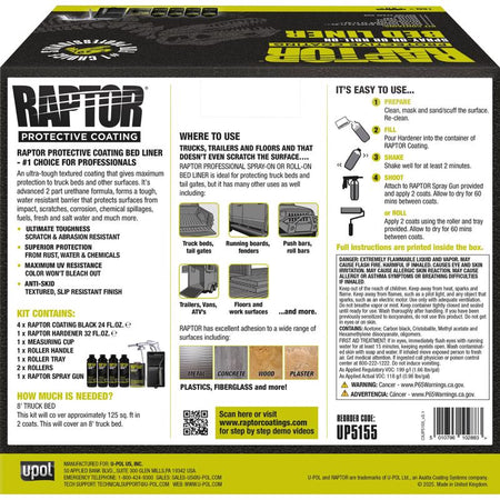 Raptor protective coating packaging with directions text and images on a black background