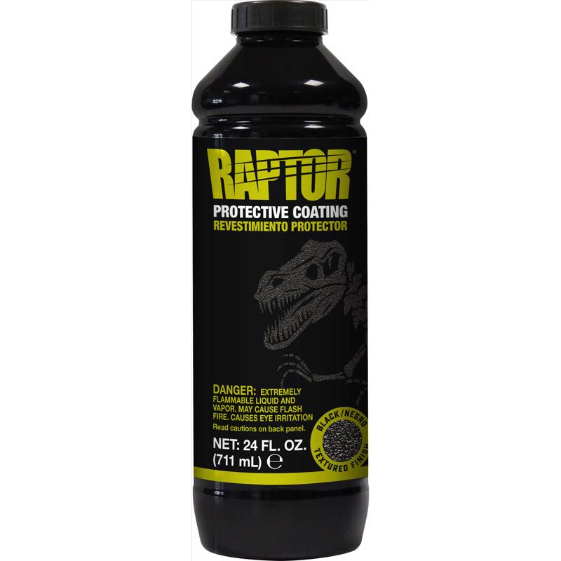 Black bottle of Raptor protective coating with yellow text on a white background