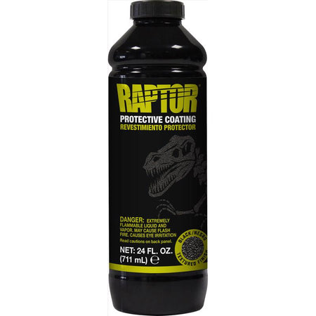 Black bottle of Raptor protective coating with yellow text on a white background