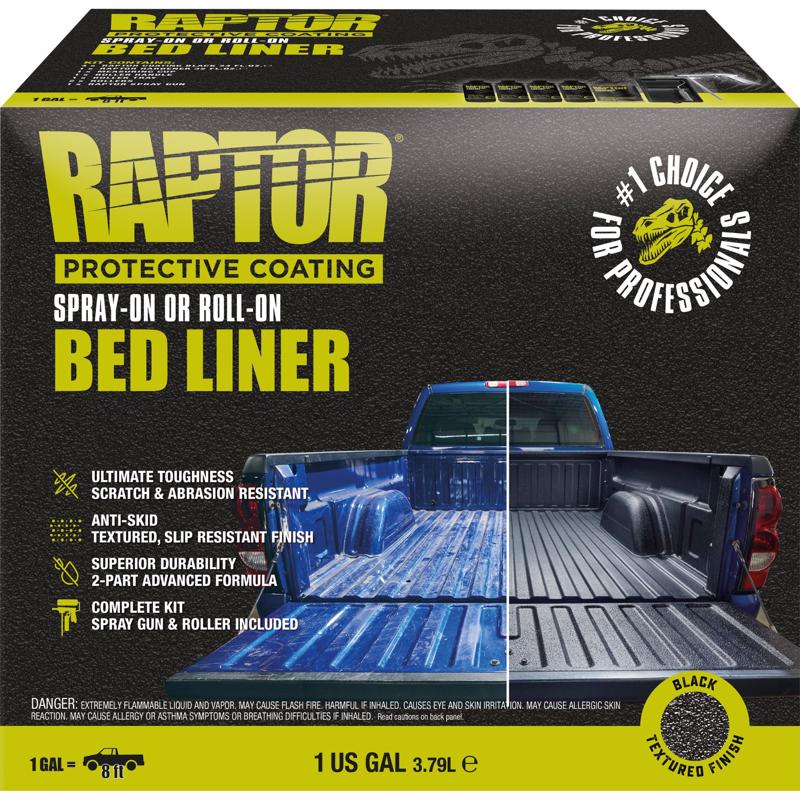 Box of Raptor Protective Coating spray-on or roll-on bed liner with a pickup truck image on a black background.