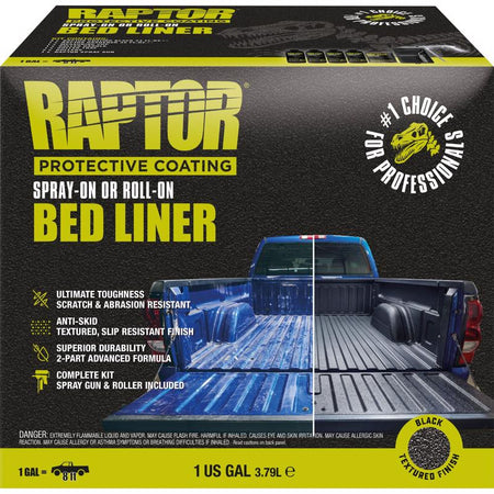 Box of Raptor Protective Coating spray-on or roll-on bed liner with a pickup truck image on a black background.
