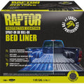 Box of Raptor Protective Coating spray-on or roll-on bed liner with a pickup truck image on a black background.