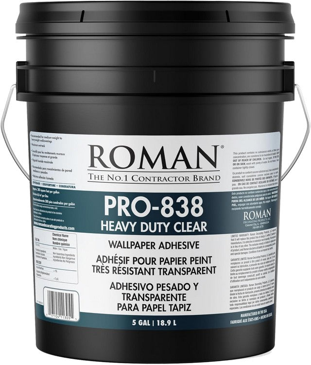 Black paint bucket labeled 'Roman Pro-838 Heavy Duty Clear' on a white background