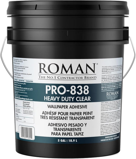 Black paint bucket labeled 'Roman Pro-838 Heavy Duty Clear' on a white background
