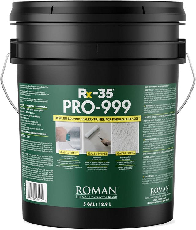 Black 5 Gallon bucket of Roman Rx-35 Pro-999 sealant/primier on a white background