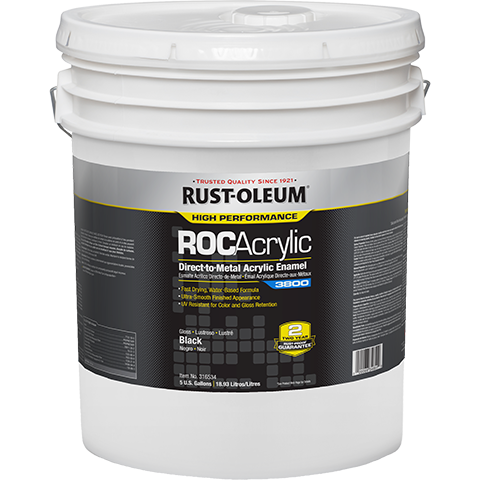 White 5 gallon paint bucket with Rust-Oleum ROC Acrylic label on a white background Gloss Black