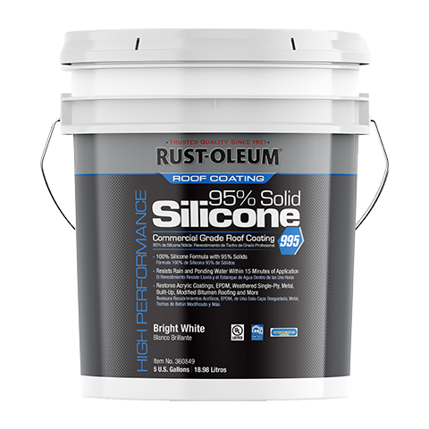 Rust-Oleum 995 silicone roof coating container with white lid on a white background