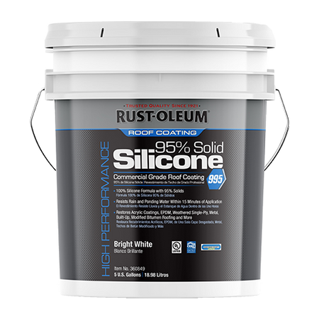 Rust-Oleum 995 silicone roof coating container with white lid on a white background