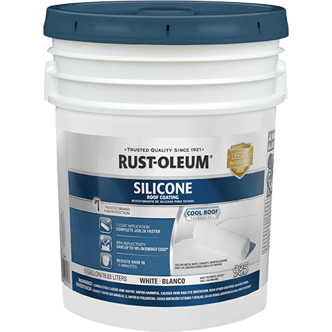 White paint bucket with blue lid labeled Rust-Oleum Silicone Roof Coating on a white background