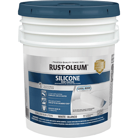 White paint bucket with blue lid labeled Rust-Oleum Silicone Roof Coating on a white background